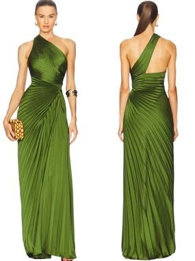 A.L.C. Lara Pleated One Shoulder Maxi Gown Dress Ivy Green Size 8